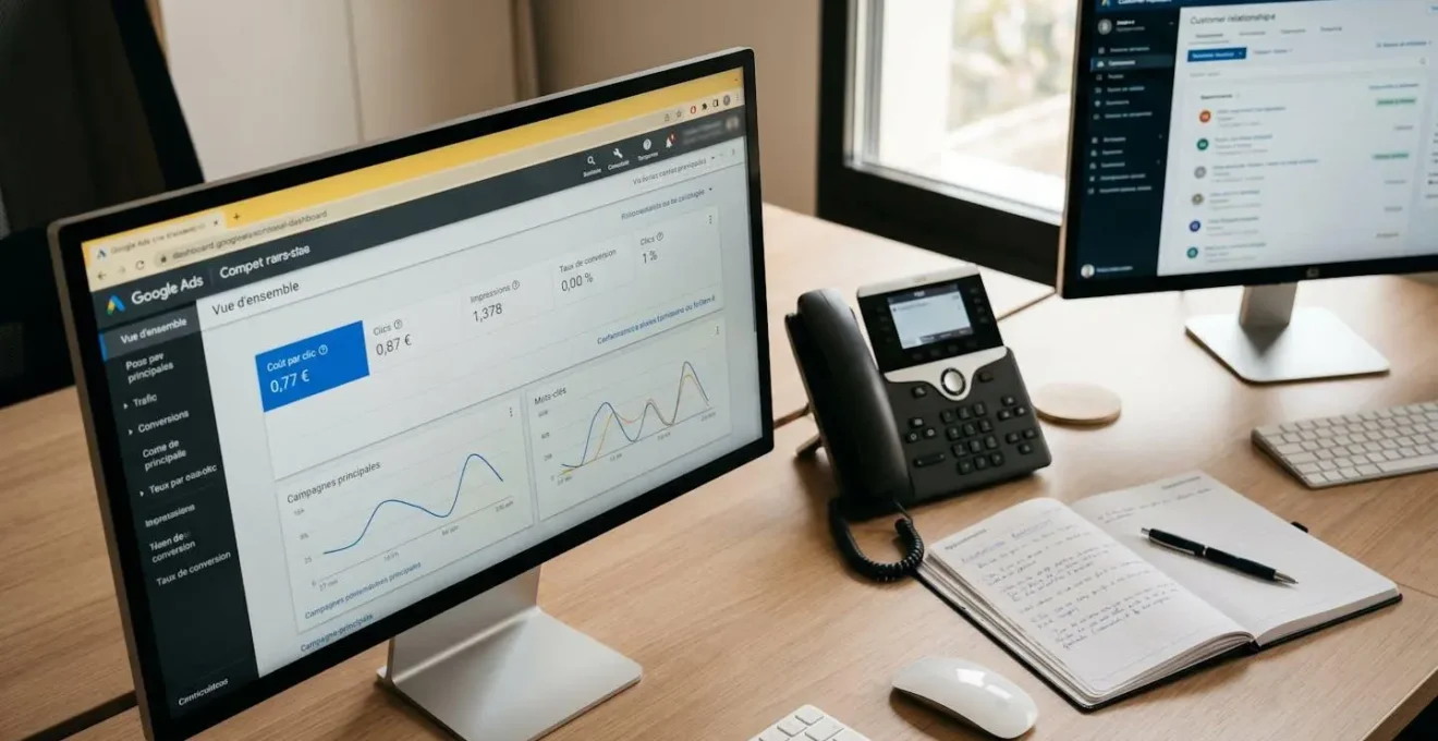 Vue en plongée d'un bureau professionnel montrant un écran affichant un tableau de bord Google Ads avec statistiques de campagne, un téléphone fixe posé sur un carnet de notes manuscrites, et un second écran avec interface CRM en arrière-plan