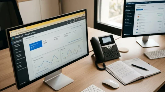 Vue en plongée d'un bureau professionnel montrant un écran affichant un tableau de bord Google Ads avec statistiques de campagne, un téléphone fixe posé sur un carnet de notes manuscrites, et un second écran avec interface CRM en arrière-plan