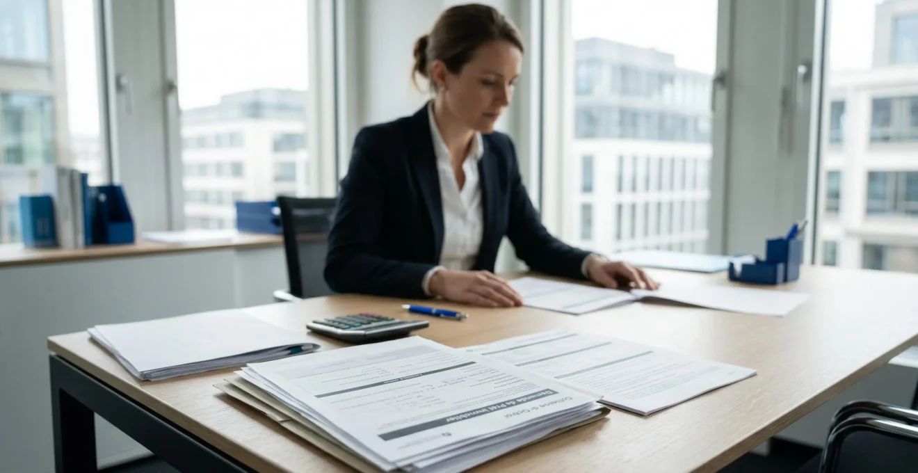Bureau de conseiller bancaire avec des dossiers de crédit immobilier étalés, une calculatrice et des documents d'évaluation bancaire