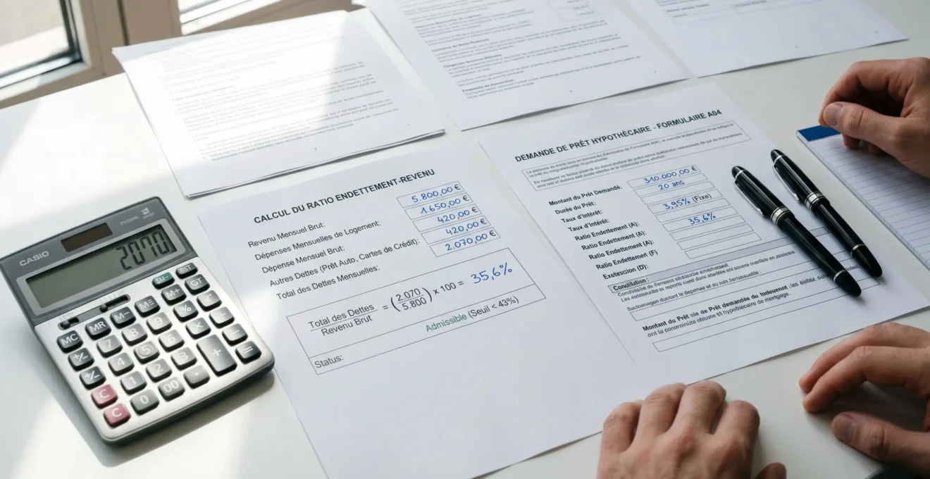 Documents financiers montrant des calculs de taux d'endettement avec calculatrice et formulaires de demande de crédit