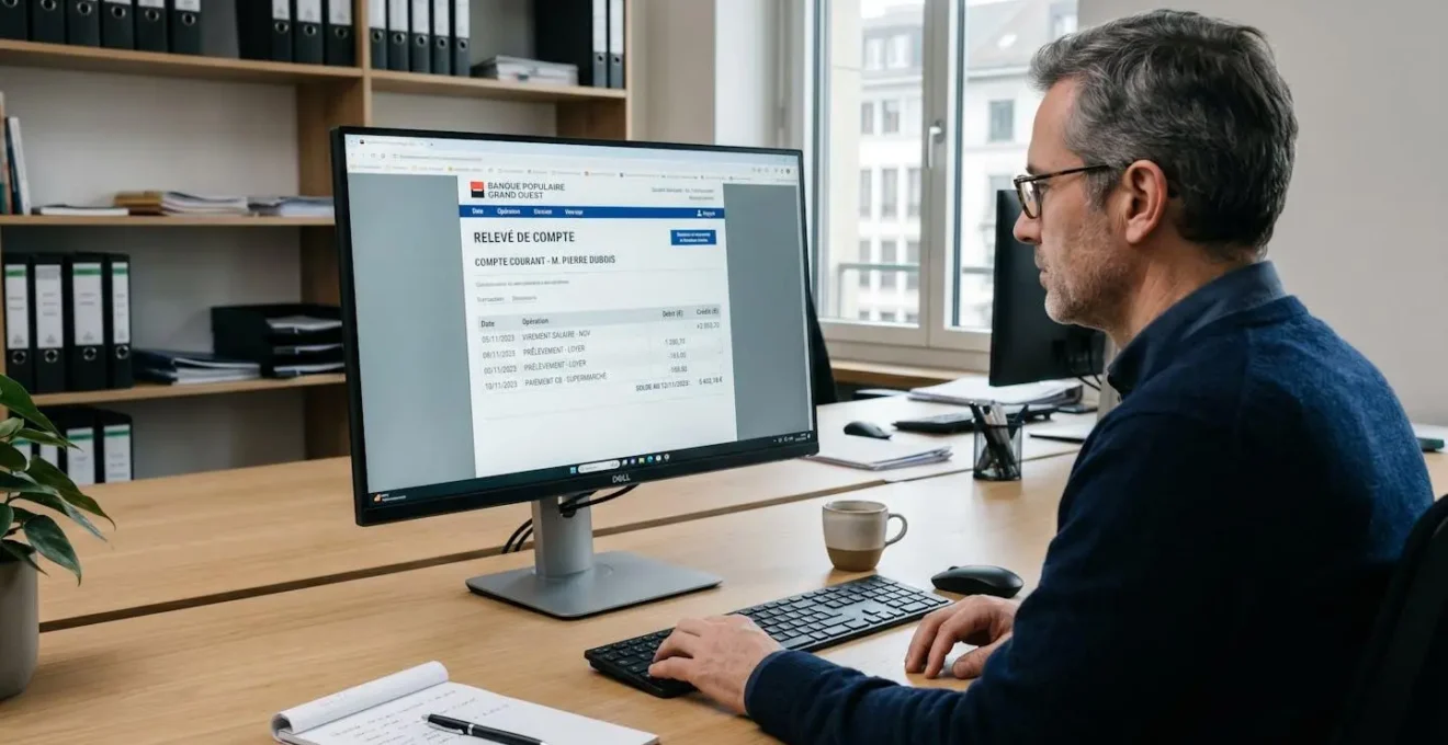 Écran d'ordinateur affichant un relevé bancaire avec historique des transactions et solde de compte