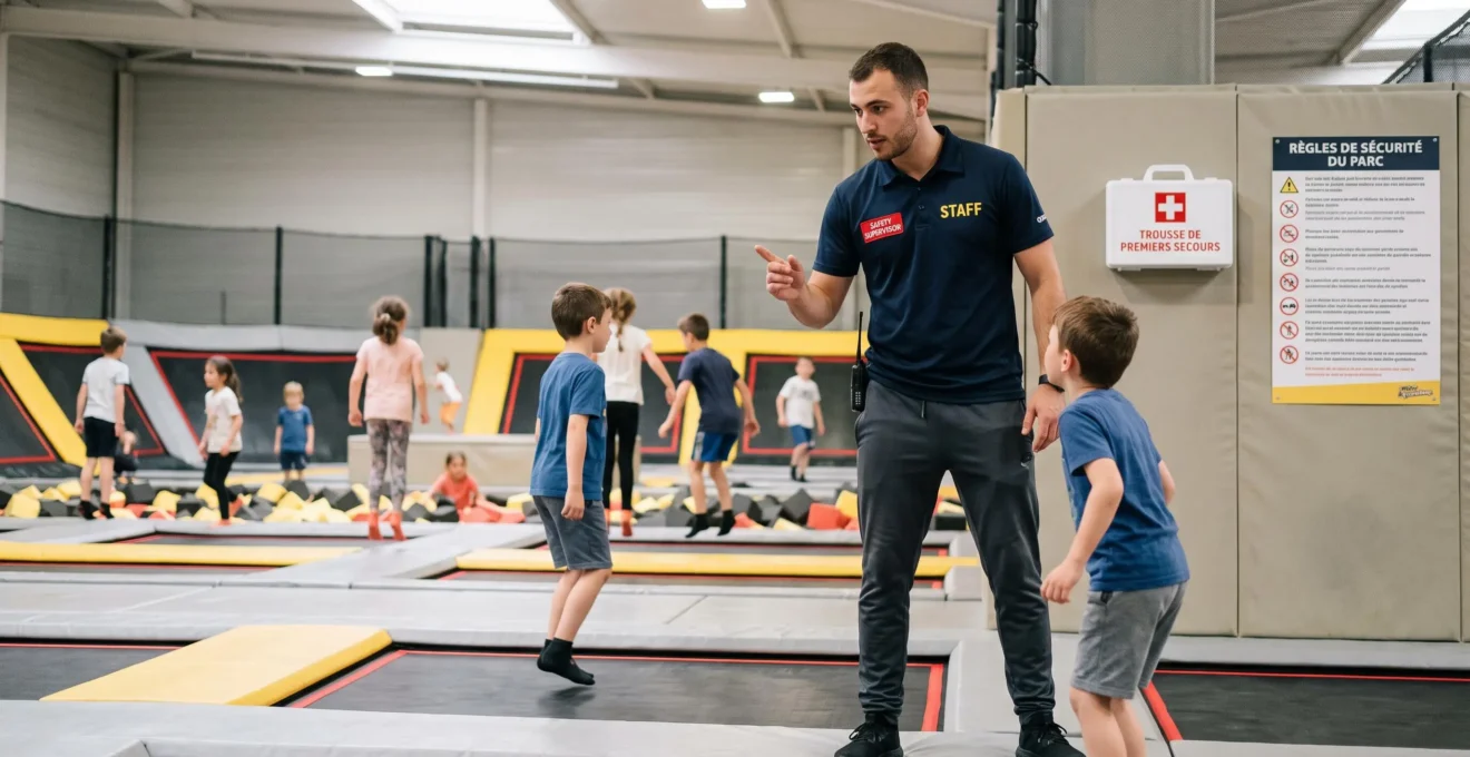 Animateur professionnel supervisant activement des enfants dans un trampoline park et vérifiant le respect des règles de sécurité