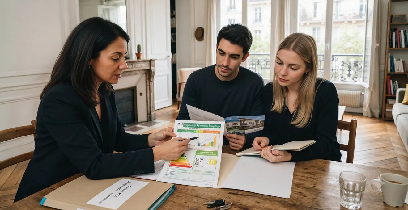 Diagnostiqueur immobilier utilisant un thermomètre infrarouge pour mesurer la performance énergétique près d'un radiateur en fonte dans un logement ancien