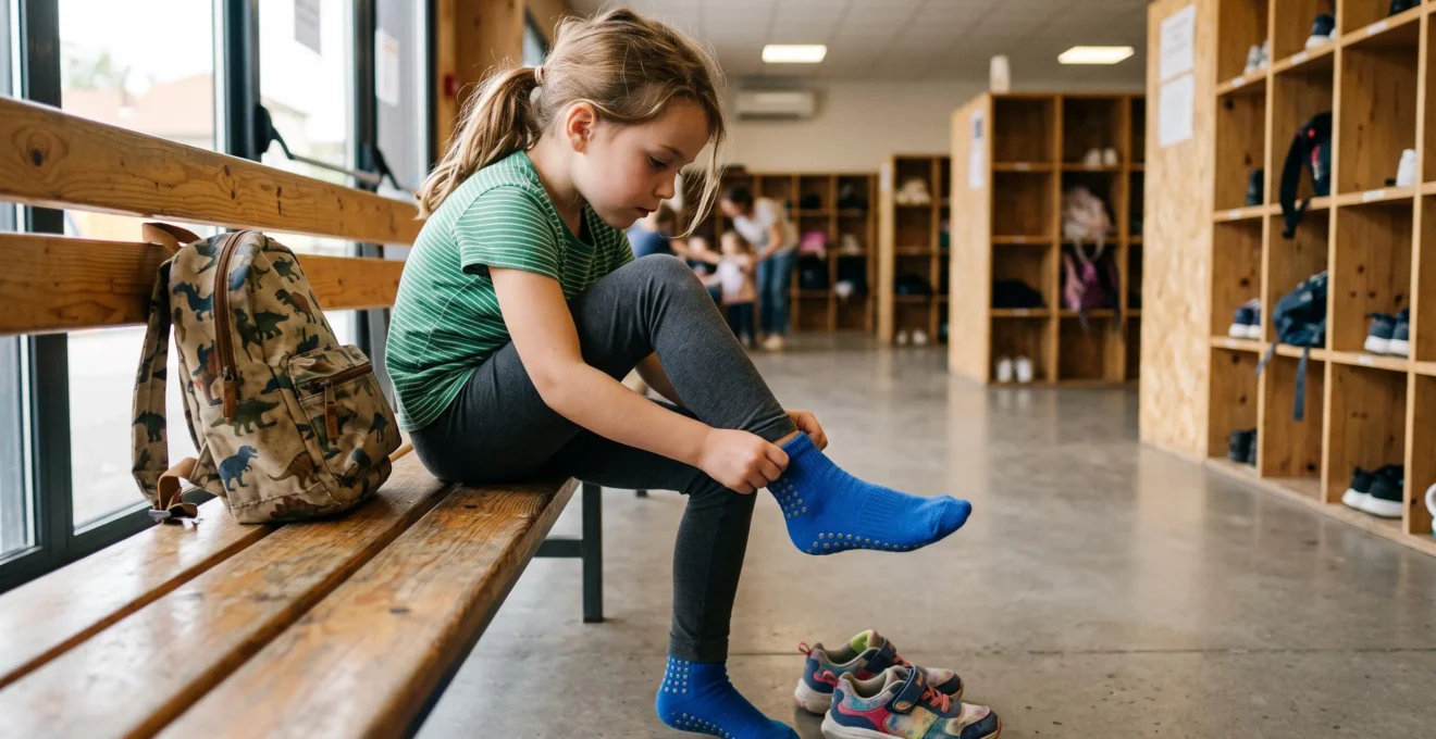 Enfant assis sur un banc en train d'enfiler des chaussettes antidérapantes obligatoires avant une session de trampoline