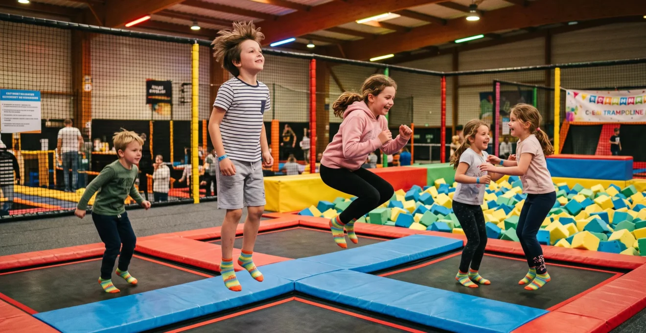 Groupe d'enfants sautant sur des trampolines interconnectés dans un parc de trampolines indoor lors d'une fête d'anniversaire