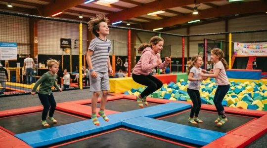 Groupe d'enfants sautant sur des trampolines interconnectés dans un parc de trampolines indoor lors d'une fête d'anniversaire