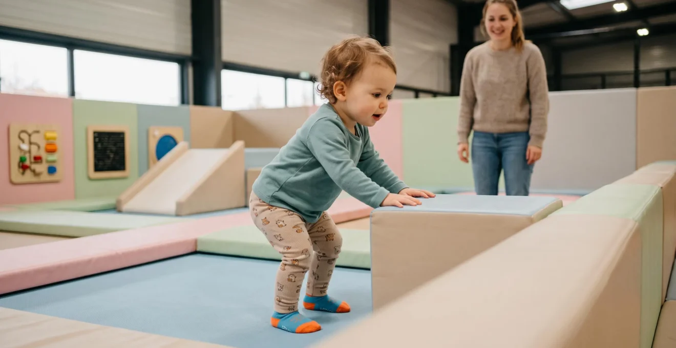 Tout-petit explorant une zone de trampoline sécurisée dédiée aux jeunes enfants avec un parent supervisant à proximité