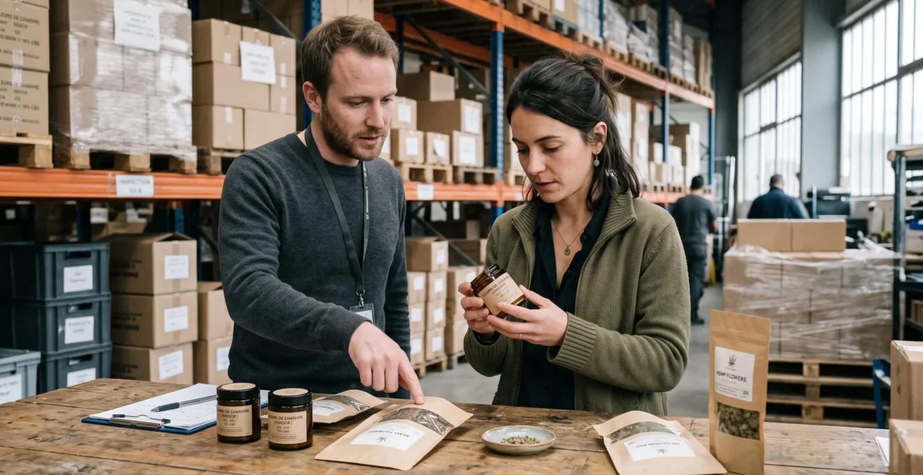 Une acheteuse examine des pots de produits CBD dans un entrepôt de gros, accompagnée d'un commercial.