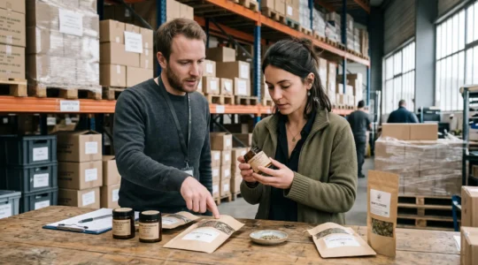 Une acheteuse examine des pots de produits CBD dans un entrepôt de gros, accompagnée d'un commercial.