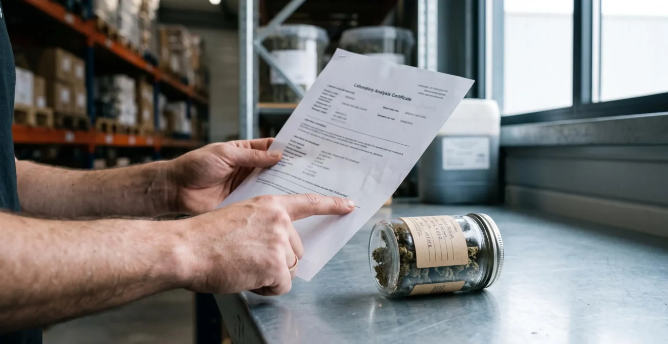 Une main pointe un numéro de lot sur un document d'analyse posé à côté d'un pot de CBD scellé.