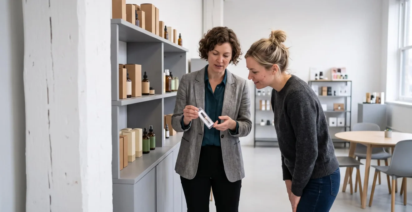 Une commerciale de grossiste présente un produit CBD à un acheteur devant une étagère d'échantillons.
