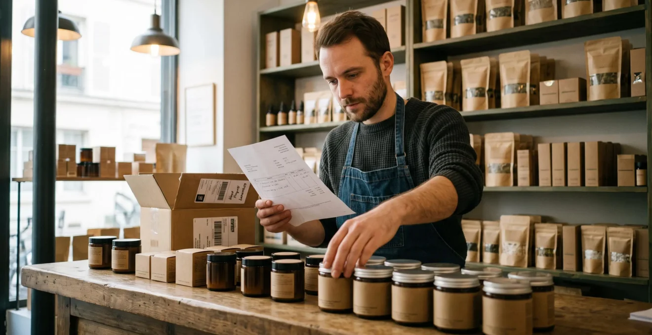 Un détaillant compte des pots de CBD reçus sur son comptoir tout en vérifiant une facture.