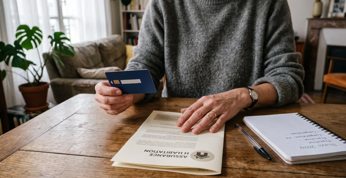 Une femme compare une carte bancaire et un livret d'assurance à la table de son salon.
