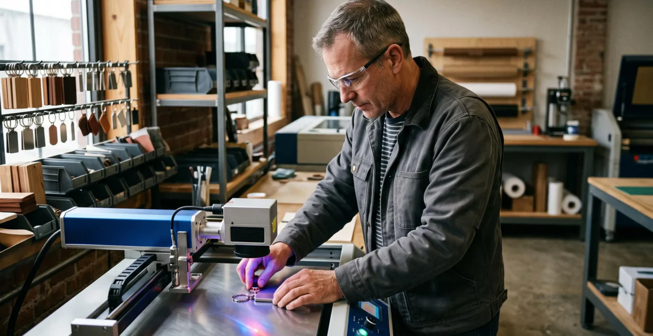 Artisan gravant un porte-clé métal avec une machine laser professionnelle dans un atelier de personnalisation d'objets publicitaires