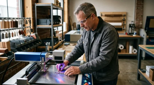 Artisan gravant un porte-clé métal avec une machine laser professionnelle dans un atelier de personnalisation d'objets publicitaires