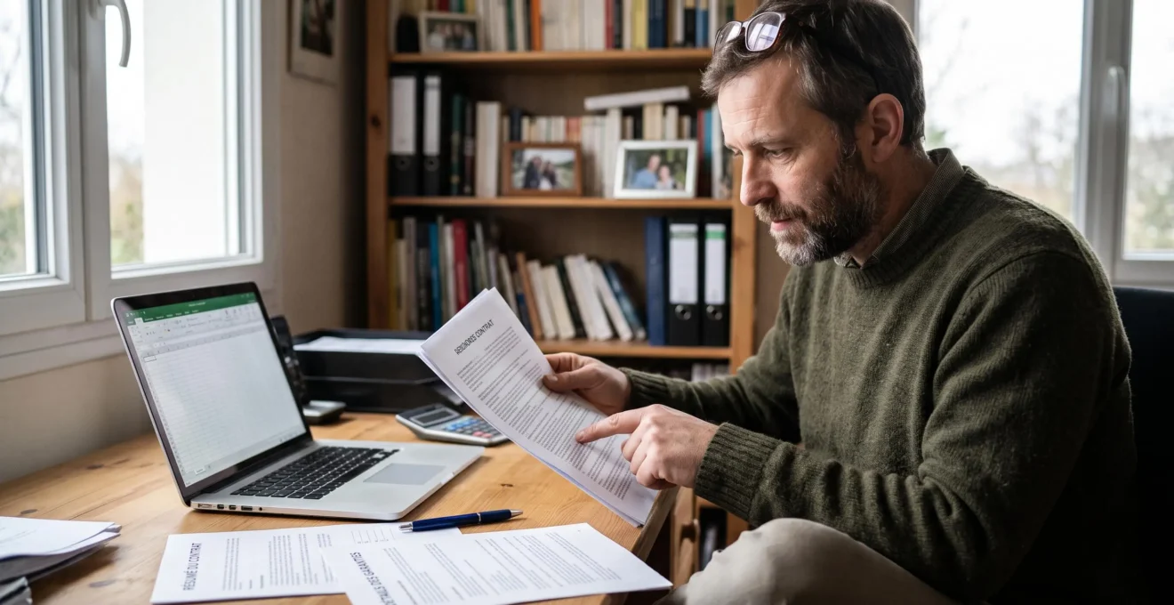 Un homme lit attentivement un contrat d'assurance voyage imprimé à son bureau, un ordinateur portable allumé à côté.