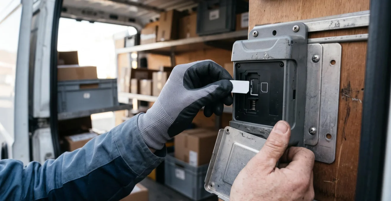 Main insérant une carte SIM M2M dans un traceur industriel fixé dans une camionnette de livraison.