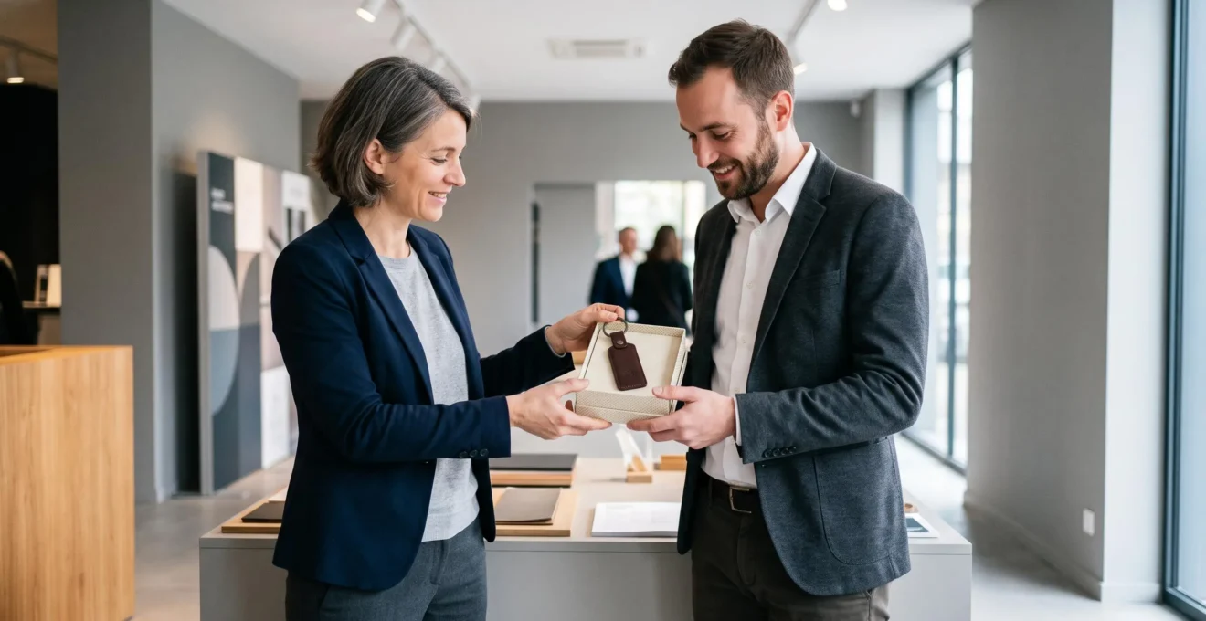 Échange d'un porte-clé personnalisé en cadeau d'affaires entre deux professionnels lors d'un événement corporate