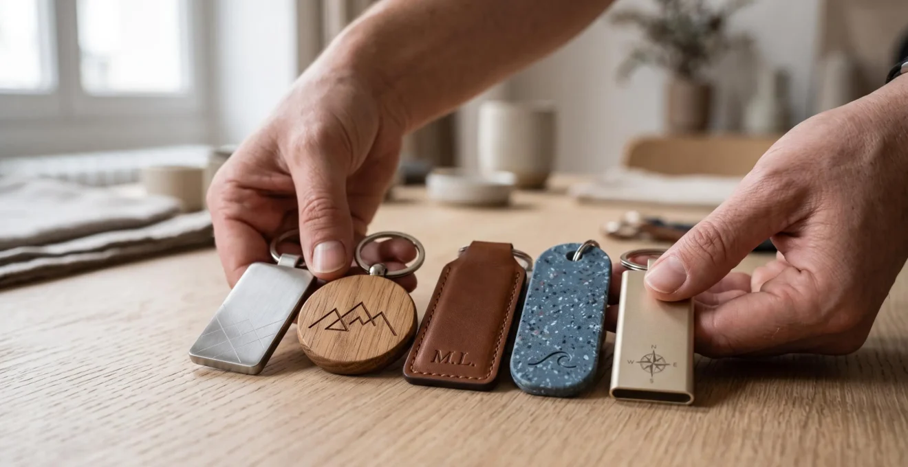 Mains d'un consultant présentant une sélection de porte-clés personnalisés en différents matériaux : métal, bois, cuir, plastique recyclé et aluminium
