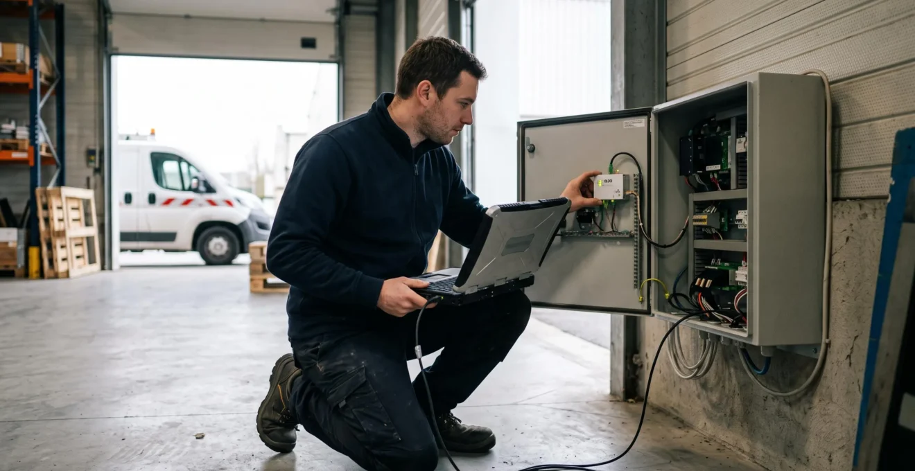 Technicien testant un module SIM M2M dans une passerelle IoT ouverte dans un entrepôt logistique en France.