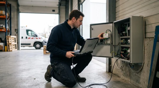 Technicien testant un module SIM M2M dans une passerelle IoT ouverte dans un entrepôt logistique en France.