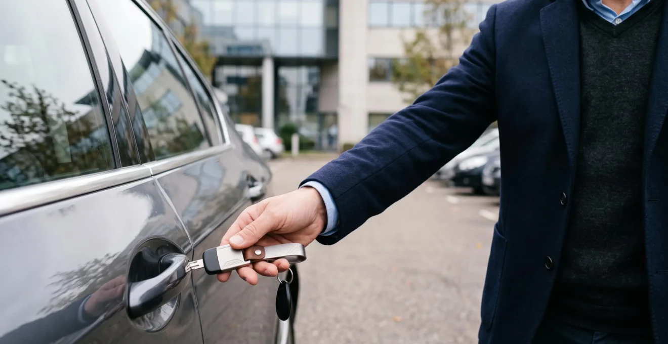 Main d'un professionnel utilisant un porte-clé gravé en métal pour ouvrir une portière de voiture dans un parking d'entreprise