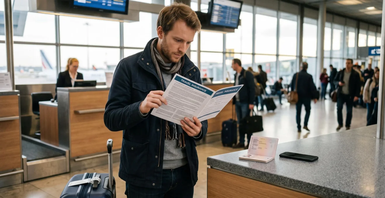 Un voyageur consulte son contrat d'assurance voyage au comptoir d'enregistrement d'un aéroport, passeport et valise à ses côtés.