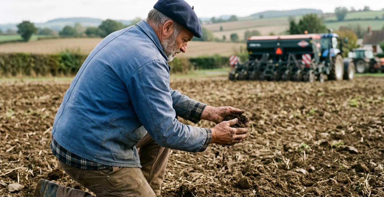 Un agriculteur examine la structure du sol entre ses doigts dans un champ.