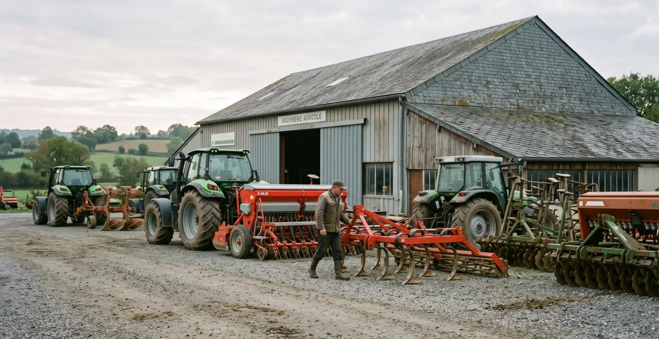 Un employé inspecte du matériel agricole dans une concession à la campagne.