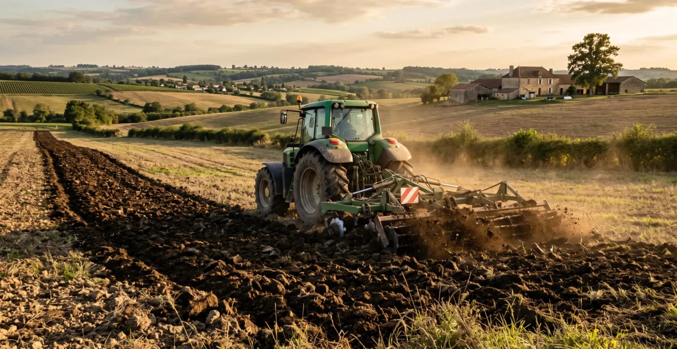 Un tracteur travaille la terre dans un grand champ à la lumière du soir.