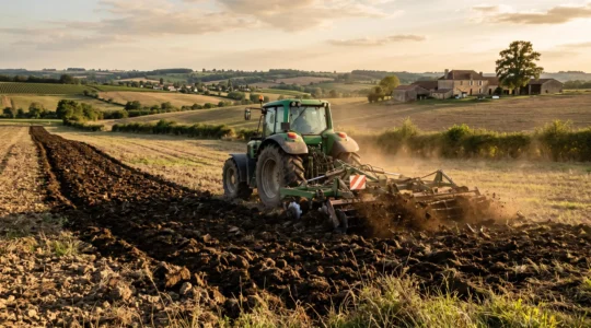 Un tracteur travaille la terre dans un grand champ à la lumière du soir.